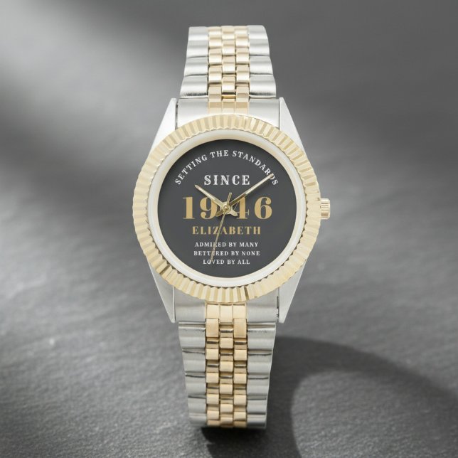 80th Birthday 1946 Elegant Black White Chic Armbanduhr (Born 1946 birthday watch. Grey background)