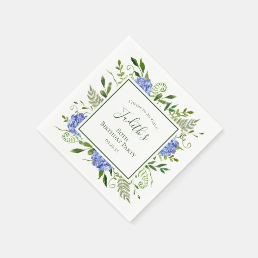 80th Birthday Blue Hydrangeas Serviette (Ecke)
