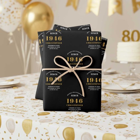 80th Birthday born 1946 Add Name Black Gold Geschenkpapier Set