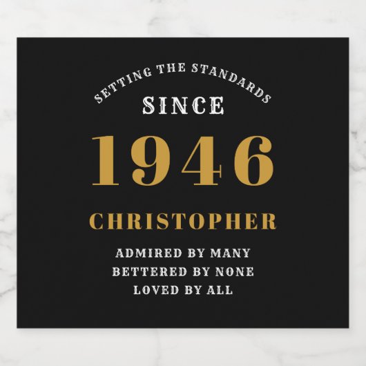 80th Birthday Born 1946 Add Name Black Gold Schaumweinetikett (Einzelnes Label)