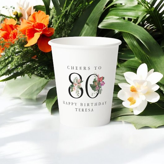 80th Birthday Cheers with Name Tropical Floral Pappbecher