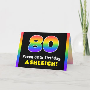 80th Birthday: Colorful Rainbow # 80, Custom Name Karte