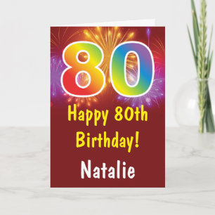 80th Birthday Colorful Rainbow Fireworks Red Karte