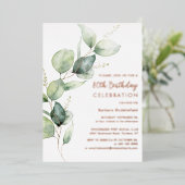 80th Birthday Eucalyptus Script Party Folieneinladung (Stehend vorne)