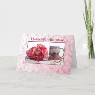 80th Birthday - Female - Rose/book/mug Karte
