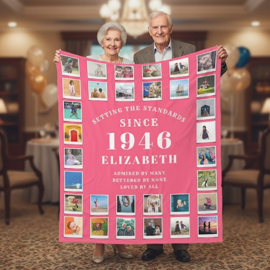 80th Birthday Mother Family Photo collage Pink Fleecedecke