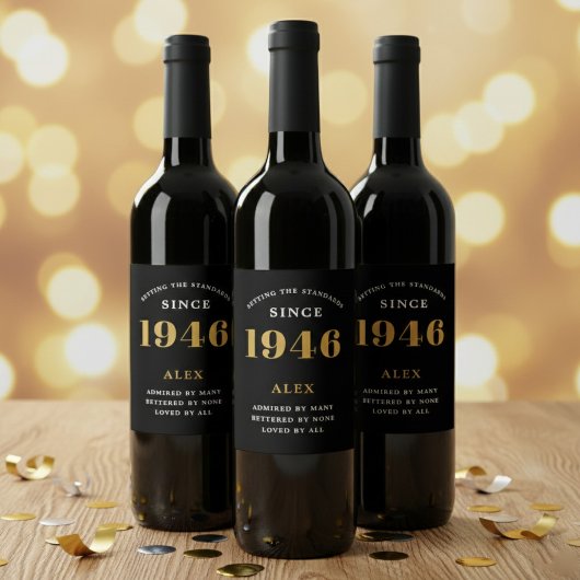 80th Birthday Name 1946 Black Gold Elegant Chic Weinetikett