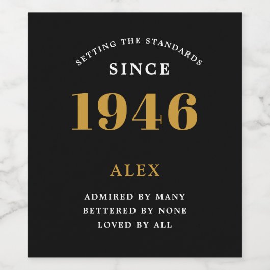 80th Birthday Name 1946 Black Gold Elegant Chic Weinetikett (Einzelnes Label)