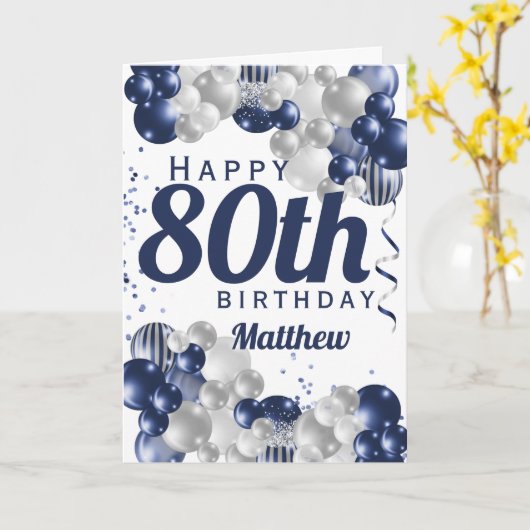 80th Birthday Navy Balloons Karte (Gelbe Blume)