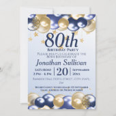 80th Birthday Navy Gold Balloons Party Einladung (Vorderseite)