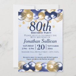 80th Birthday Navy Gold Balloons Party Einladung