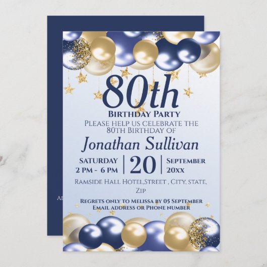 80th Birthday Navy Gold Balloons Party Einladung (Vorne/Hinten)