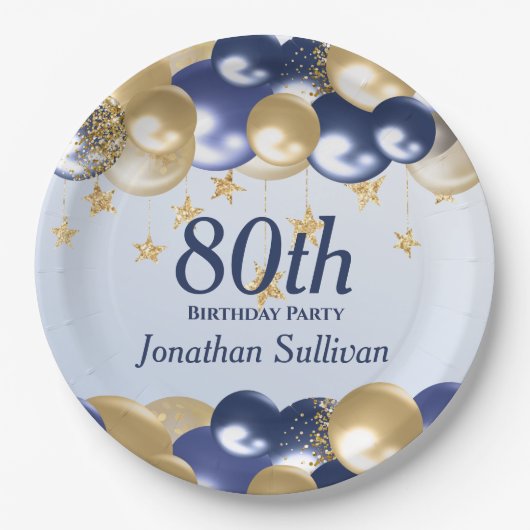 80th Birthday Navy Gold Balloons Party Pappteller (Vorderseite)