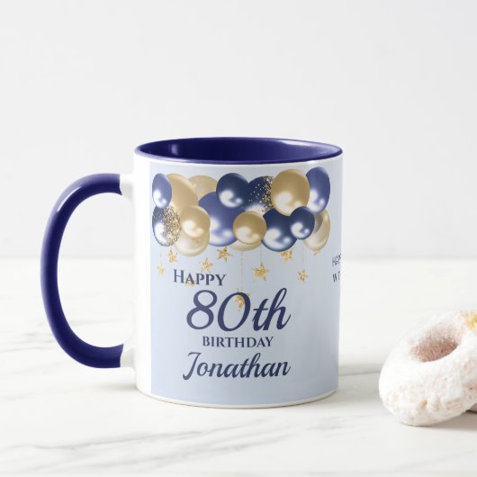 80th Birthday Navy Gold Balloons  Tasse (Mit Donut)