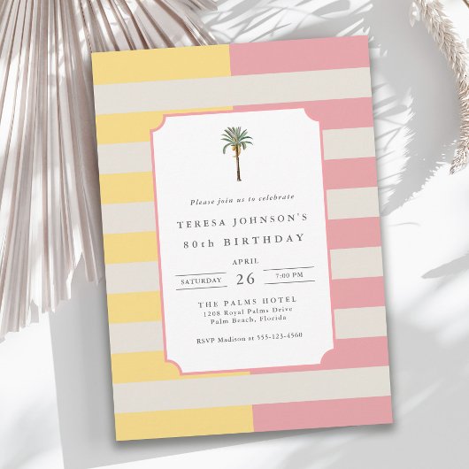 80th Birthday Palm Beach Pastel Stripe Tropical Einladung