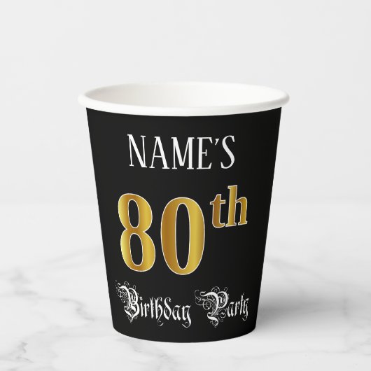 80th Birthday Party — Fancy Script, Faux Gold Look Pappbecher (Vorderseite)