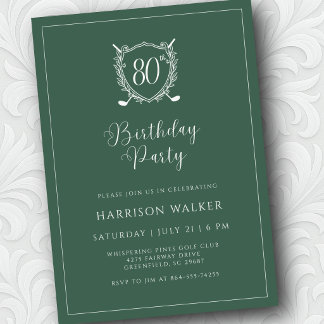 80th Birthday Party Golf Crest Elegant Script Sage Einladung