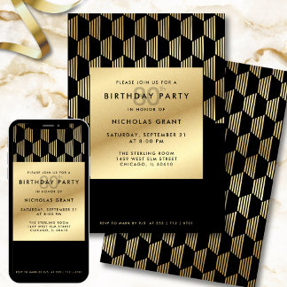 80th Birthday Party Modern Black and Gold Foil Einladung