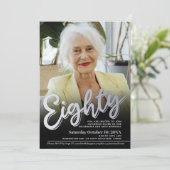 80th Birthday photo silver eighty script party Einladung (Stehend Vorderseite)
