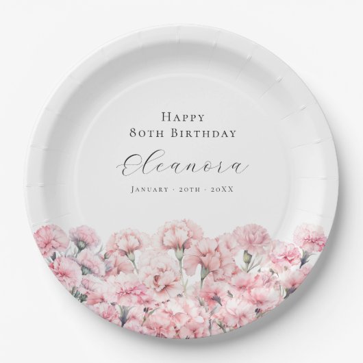 80th Birthday Pink Carnation January Birth Flower Pappteller (Vorderseite)
