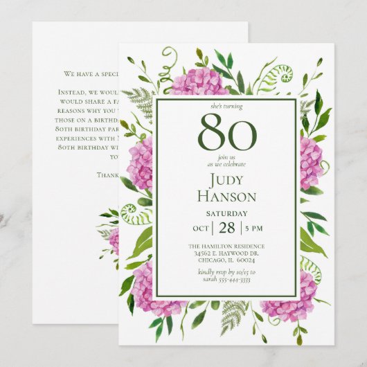 80th Birthday Pink Hydrangeas Card Request  Einladung (Vorne/Hinten)