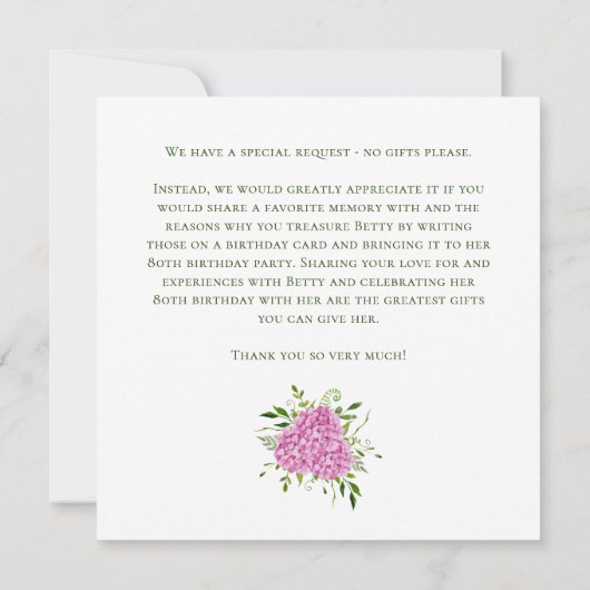 80th Birthday Pink Hydrangeas Card Request Einladung (Rückseite)