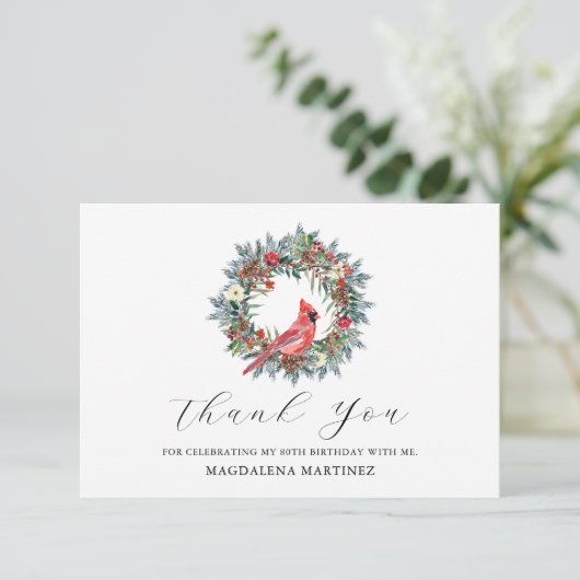 80th Birthday Red Cardinal Wreath Custom Flat Dankeskarte (Stehend Vorderseite)