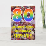 80th Birthday; Rustic Autumn Leaves; Rainbow "80" Karte<br><div class="desc">The front of this colorful, rustic and nature-inspirred birthday greeting design for large number 80 with a rainbow spectrum gradient inspirred pattern, along with the message "Happy 80th Birthday", and an editable name. Die Front Feature a background depicting rustic fallen Autumn leaves. The inside feature an editable birthday greeting message,...</div>