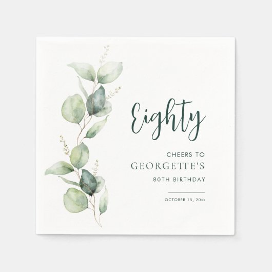 80th Birthday Watercolor Eucalyptus Paper Serviette (Vorderseite)