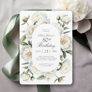 80th Birthday White Peonies Watercolor Floral Einladung