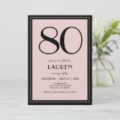 80th Birthday Women's Modern Minimal Black Pink Einladung (Stehend Vorderseite)