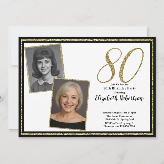 80th Custom 2 Photo White Black and Gold  Einladung (Vorderseite)