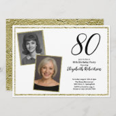 80th Custom Photo White and Gold Einladung (Vorne/Hinten)