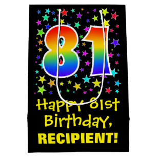 81. Geburtstag: Farbiges Sternenmuster & Regenboge Mittlere Geschenktüte