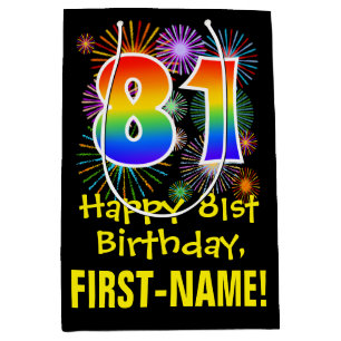81. Geburtstag: Fun Fireworks Pattern + Rainbow 81 Mittlere Geschenktüte