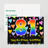 81. Geburtstag: Fun Hearts Muster, Regenbogen 81 Postkarte (Vorne/Hinten)