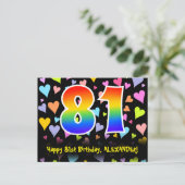 81. Geburtstag: Fun Hearts Muster, Regenbogen 81 Postkarte (Stehend Vorderseite)