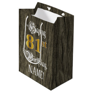 81. Geburtstag: Imitate Gold Look & Imitate Holzmu Mittlere Geschenktüte