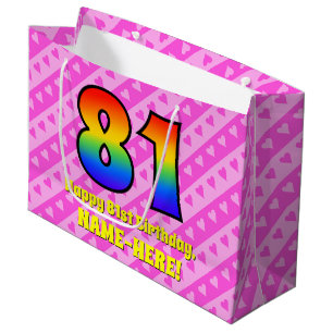 81. Geburtstag: Rosa Streifen & Herz, Regenbogen # Große Geschenktüte