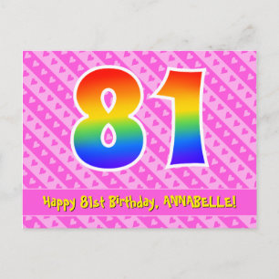 81. Geburtstag: Rosa Streifen & Herzen, Regenbogen Postkarte