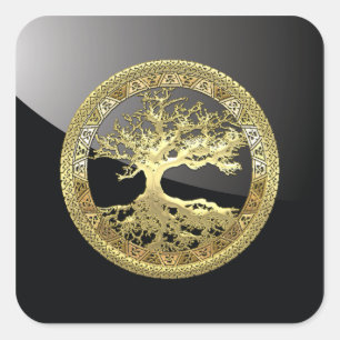 [81] Golden Celtic Tree of Life [3D] Quadratischer Aufkleber