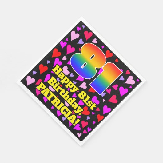 81st Birthday: Loving Hearts Pattern, Rainbow # 81 Serviette (Ecke)