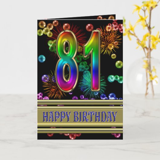 81st Birthday with rainbow bubbles and fireworks Karte (Gelbe Blume)