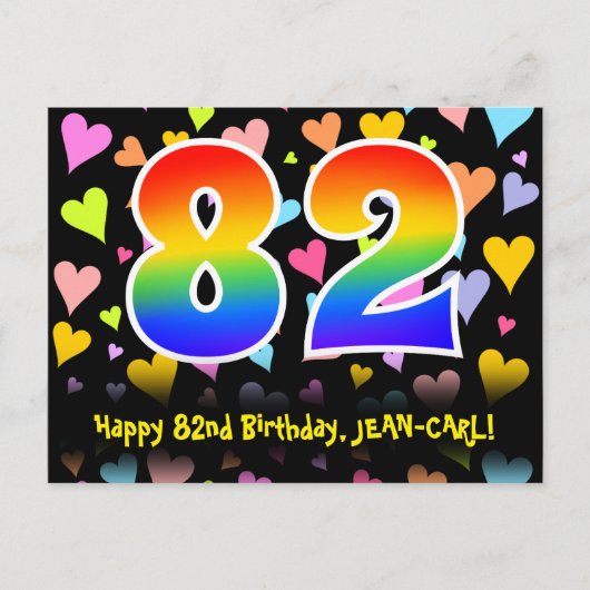 82. Geburtstag: Fun Hearts Pattern, Regenbogen 82 Postkarte (Vorderseite)