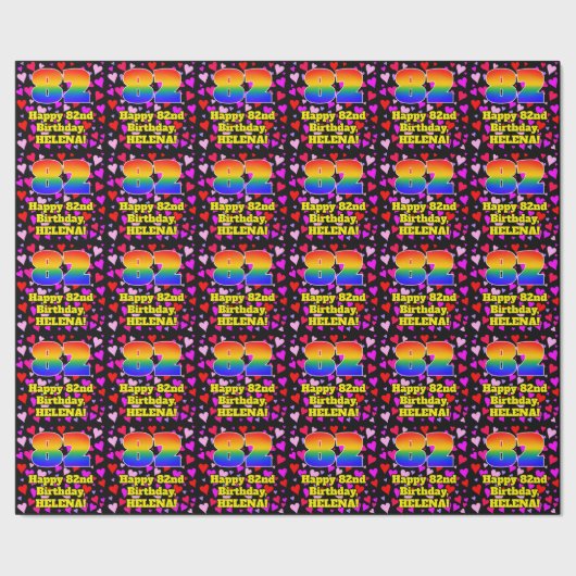 82. Geburtstag: Loving Hearts Pattern, Regenbogen  Geschenkpapier (Saum)