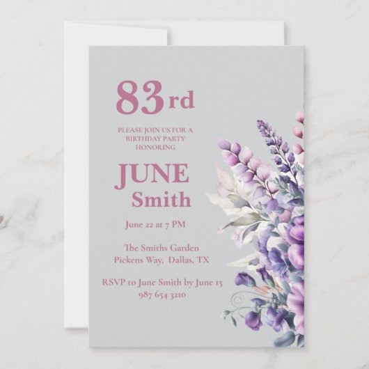 83. Geburtstag Elegante Lila Blume Einladung (Vorderseite)