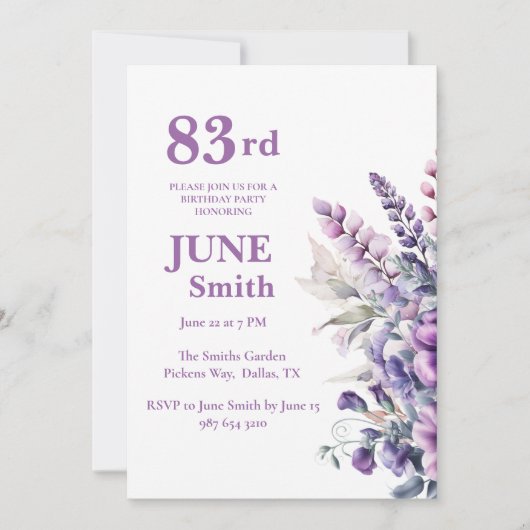 83. Geburtstag Elegante Lila Blume Einladung (Vorderseite)
