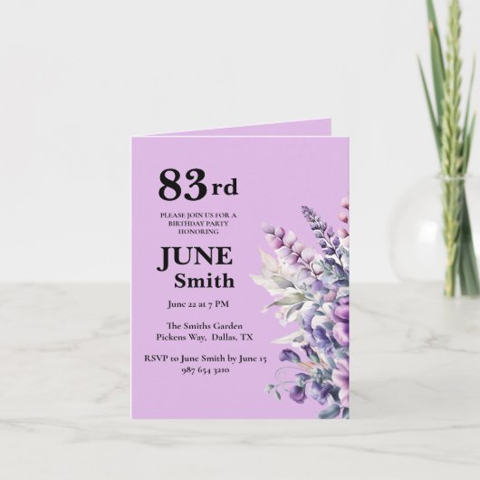 83. Geburtstag Elegante Lila Blume Einladung (Vorderseite)