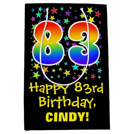 83. Geburtstag: Farbiges Sternenmuster & Regenboge Mittlere Geschenktüte (Vorderseite)