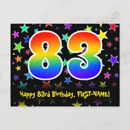 83. Geburtstag: Fun Stars Muster, Regenbogen 83, N Postkarte (Vorderseite)